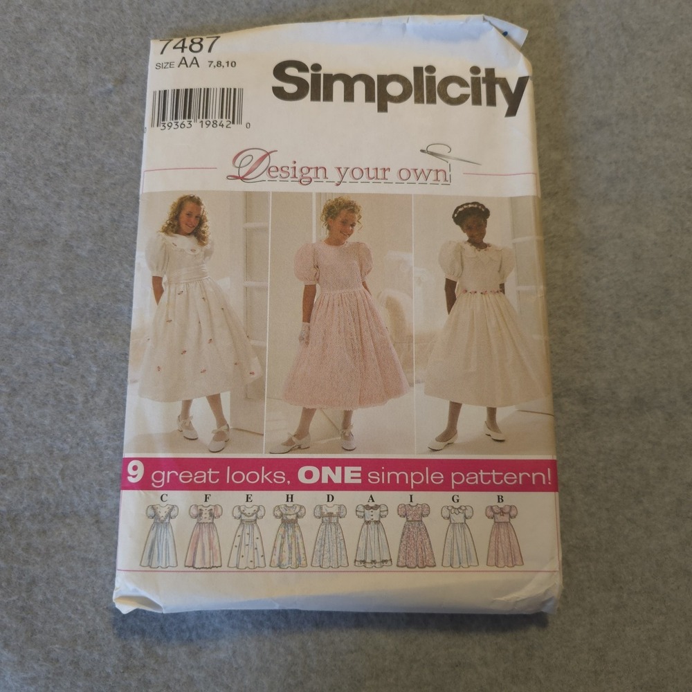 Simplicity 7487 Girls Dress Pattern Size 7 8 10 Vintage 90s Puffy‎ Sleeve Formal
